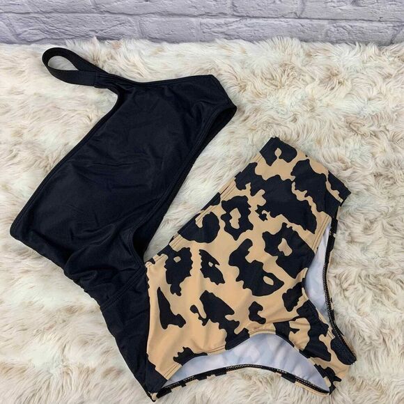 Bombshell One Piece Swimsuit Womens Medium One Shoulder‎ Black Brown Leopard - Picture 1 of 7